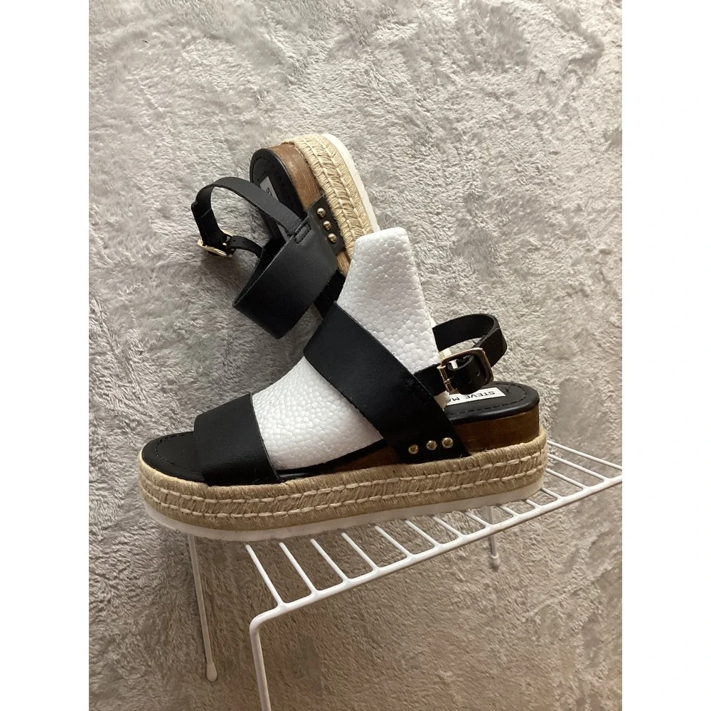Steve Madden Black Leather‎ Espadrille Platform Sandals Women's 7.5M
